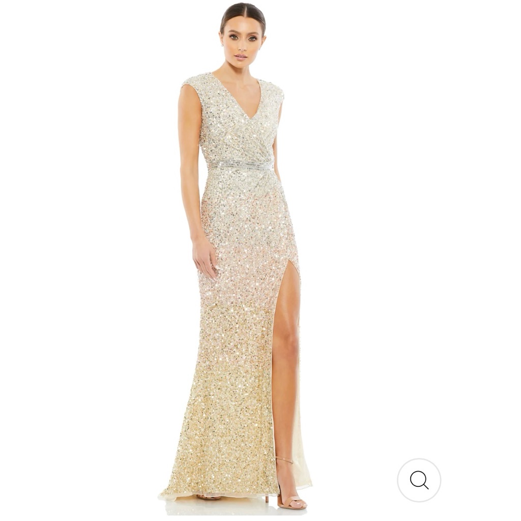 Euc Mac Duggal 5489 Cap Sleeve Sequined High Slit Nude Gown Size 4